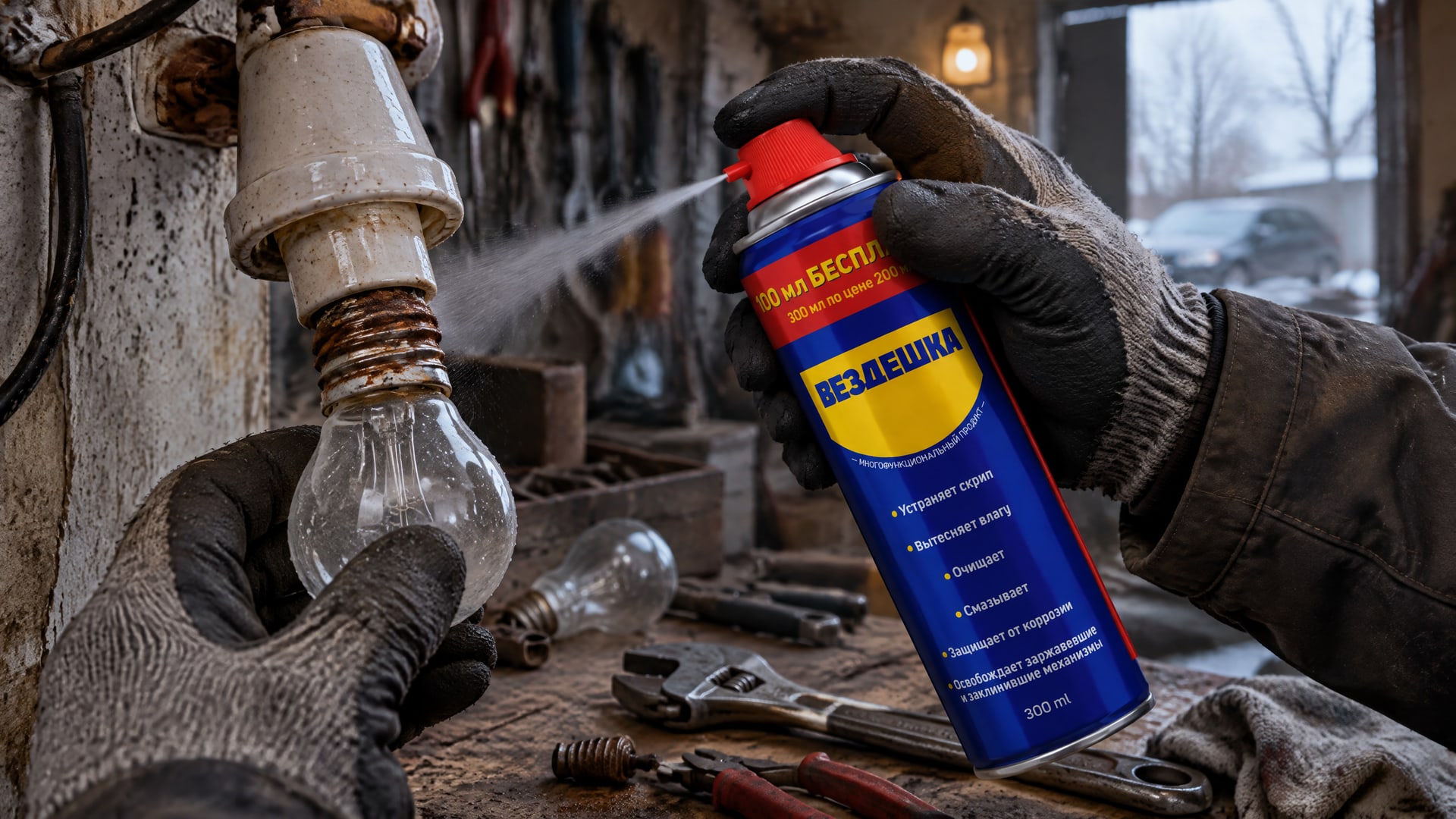 Рука в перчатке наносит универсальную смазку WD-40.