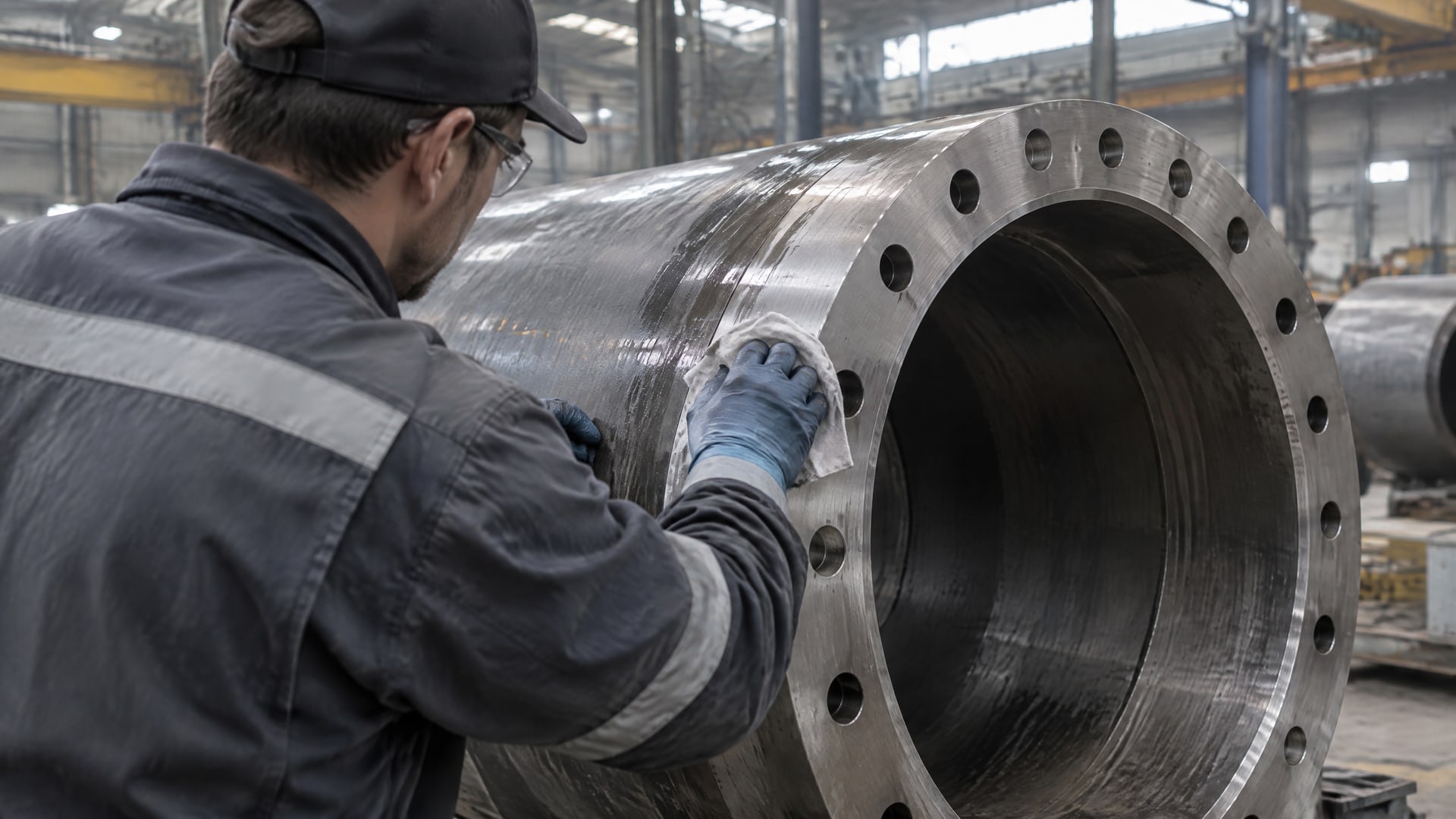 Рабочий очищает и обезжиривает участок большой металлической трубы для нанесения антифрикционных покрытий.