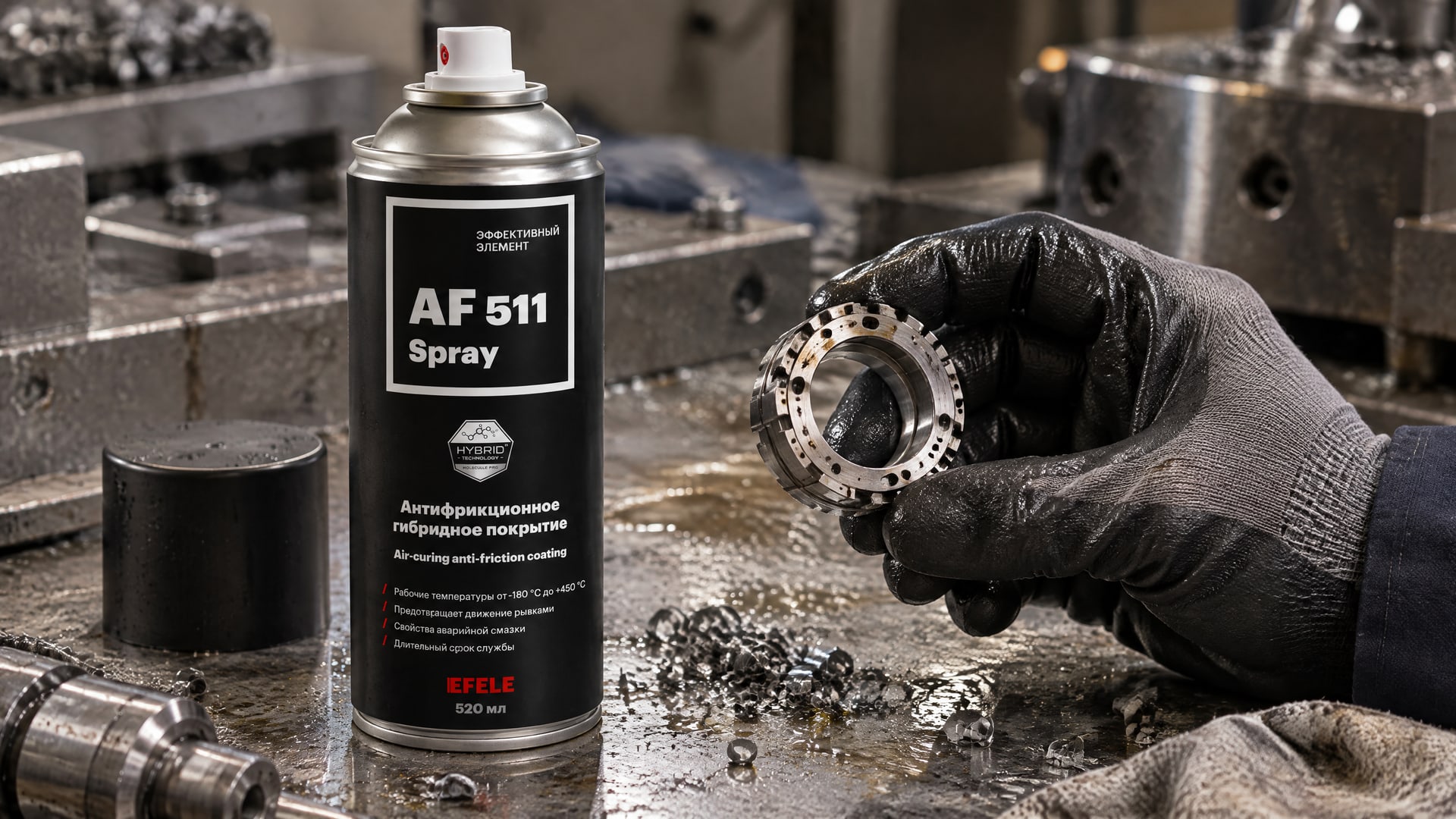 Рука в перчатке наносит EFELE AF-511 Spray (антифрикционное сухое) на деталь.