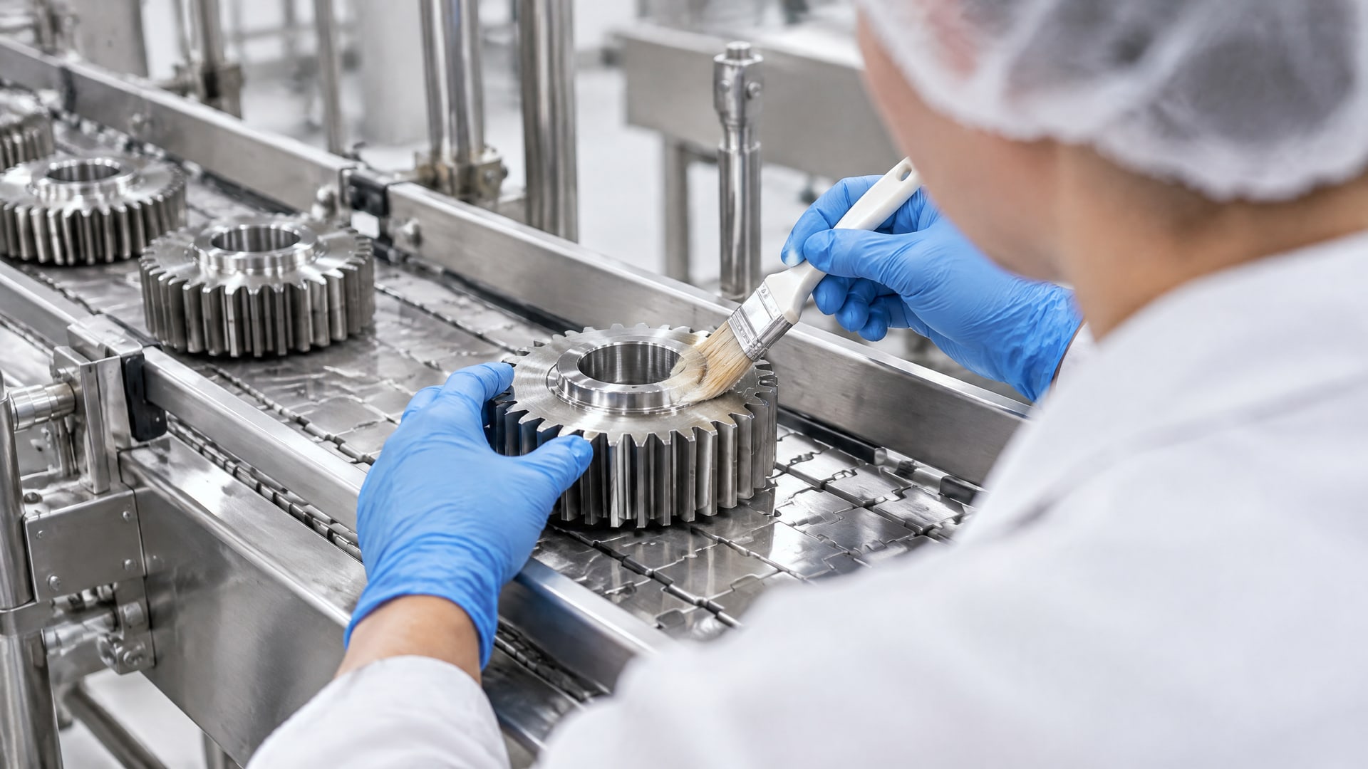 Рабочий аккуратно наносит пищевую силиконовую смазку кистью на стальную шестерню конвейера.