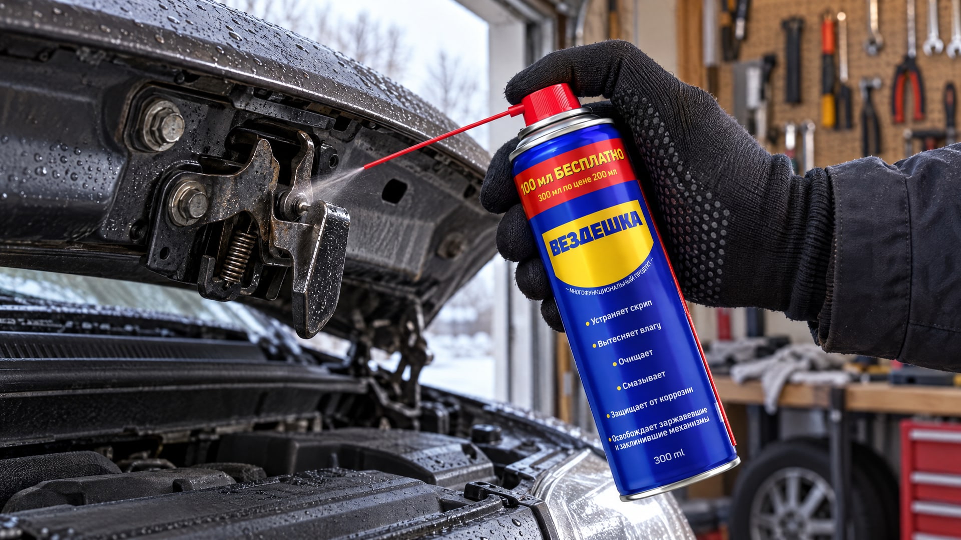 Рука в перчатке наносит универсальную смазку wd-40 на замок.