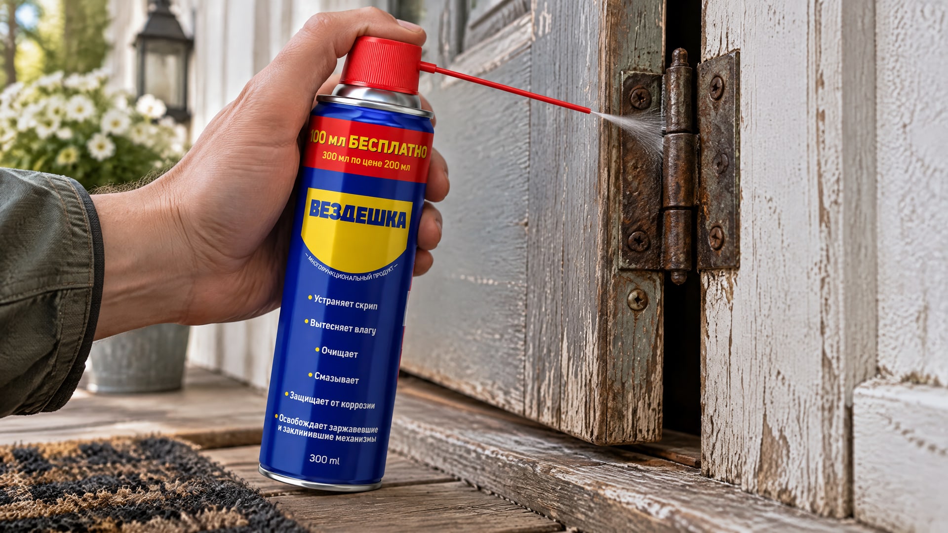 Рука наносит универсальную смазку WD-40 для решения бытовых проблем.