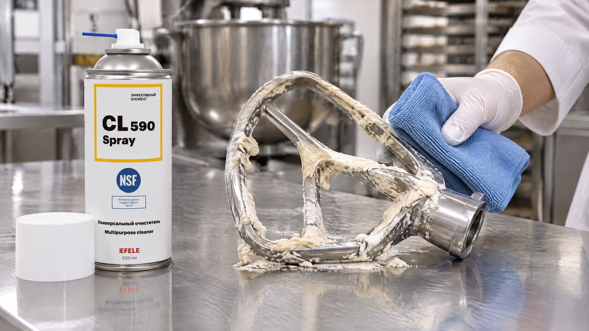 Рука в перчатке наносит EFELE CL-590 Spray на антипригарное покрытие для очистки.